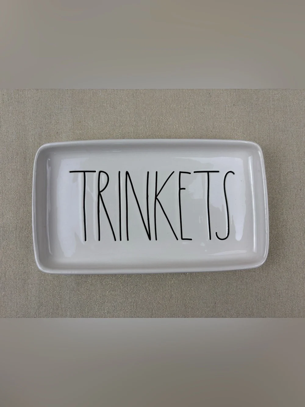 Rae Dunn by Magenta White Ceramic Tray Labeled “TRINKETS” in Black Lettering